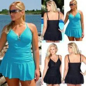 Women's Plus Size Black One Piece Swimsuit Swim Dress Ruffled Swimwear, Sz 14-18